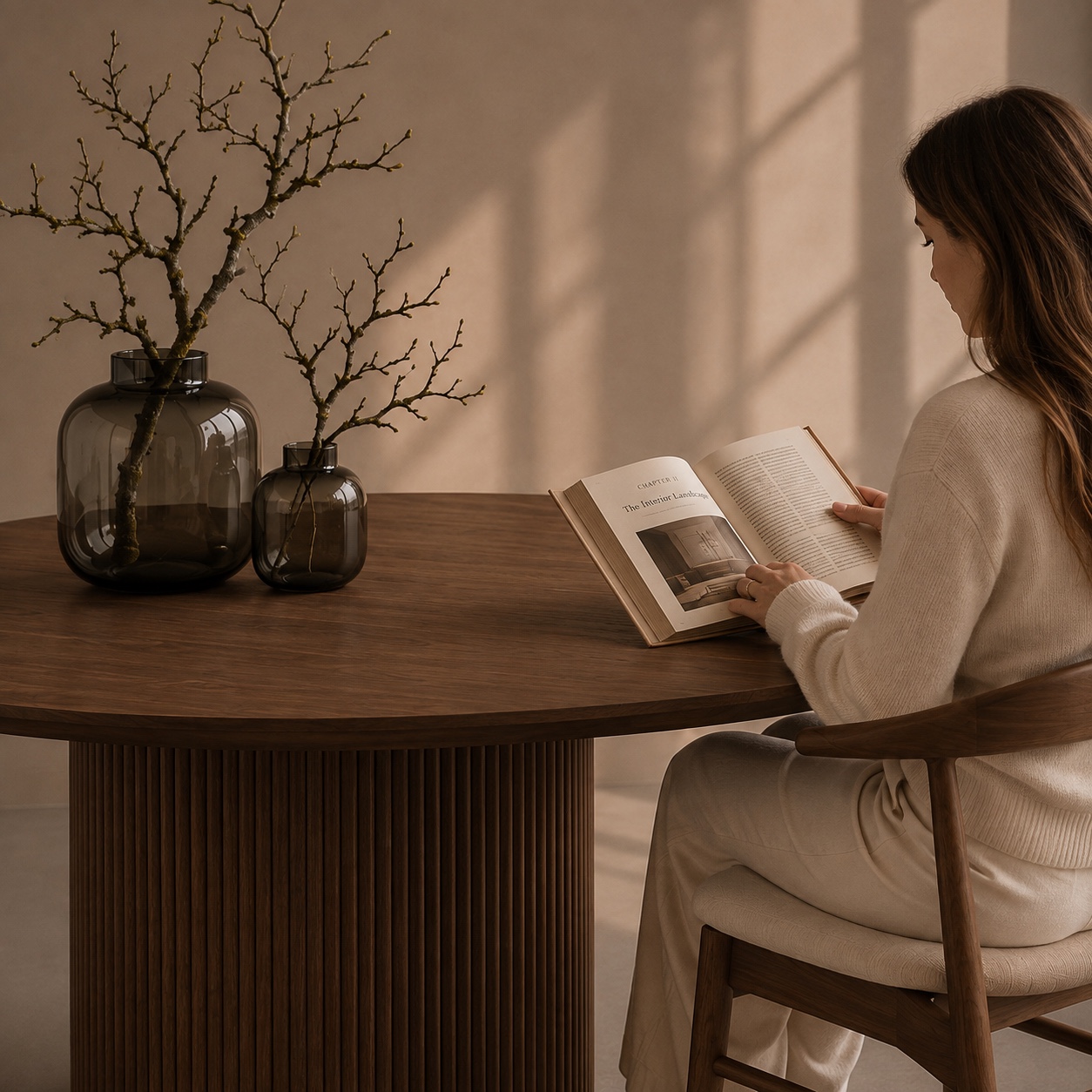 Lifestyle image of a woman seated at a dark wood table